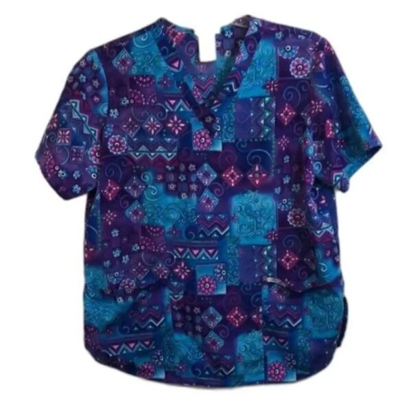 Vintage Printed Scrub Top V-Neck Short Sleeves Purple & Teal Pattern With Pocket - Picture 1 of 10
